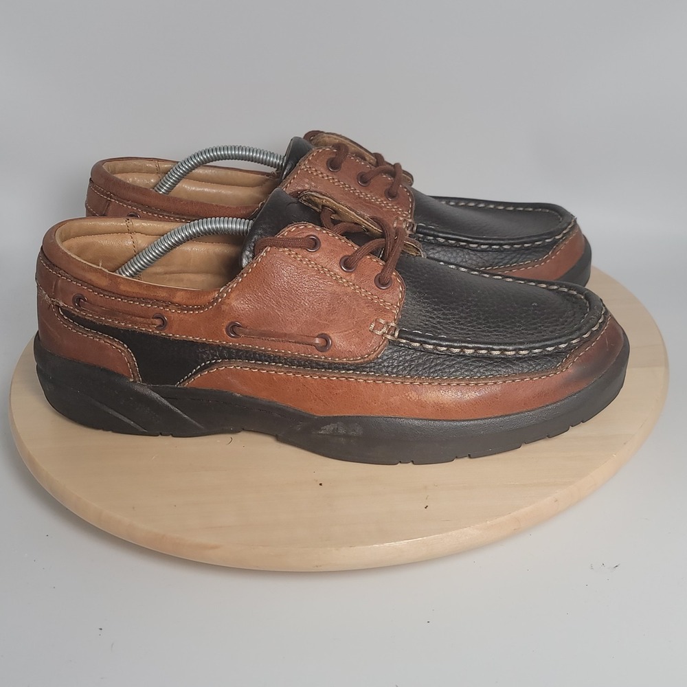 Mens Dr Comfort Black/Brown Pebble Leather Boat Shoe Size 12 M Preppy Strap